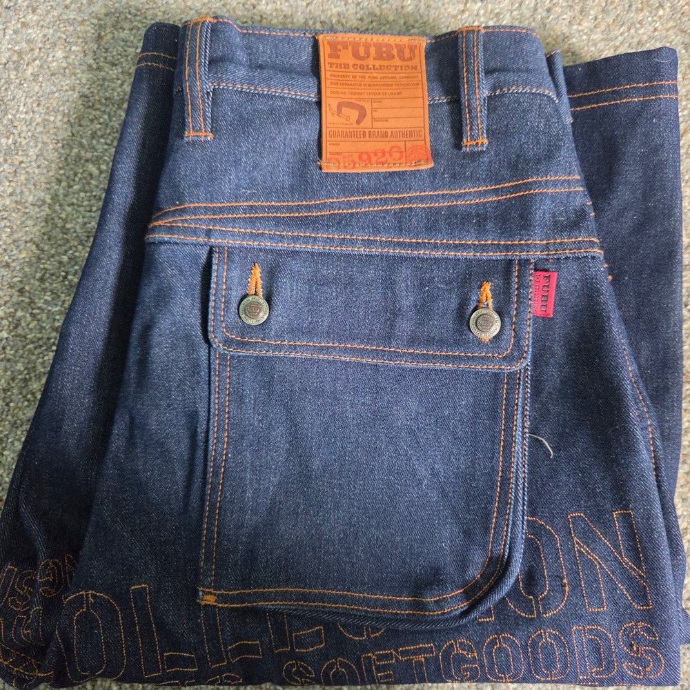 FUBU Mens Baggy Denim Shorts Blue Dark Wash Embroidered 1992 Hip Hop Size 36